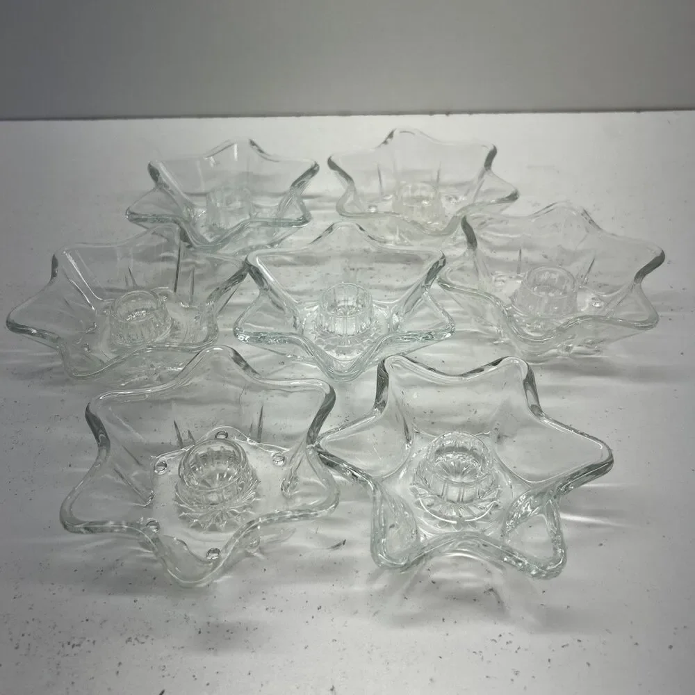 Set of‎ 7 Vintage Anchor Hocking 6 Point Shape Clear Glass Candlestick Holders